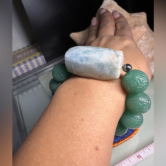 MASSIVE AQUAMARINE + JADE  AVENTURINE  NATURAL STONES BRACELET size 7” - Picture 15 of 16
